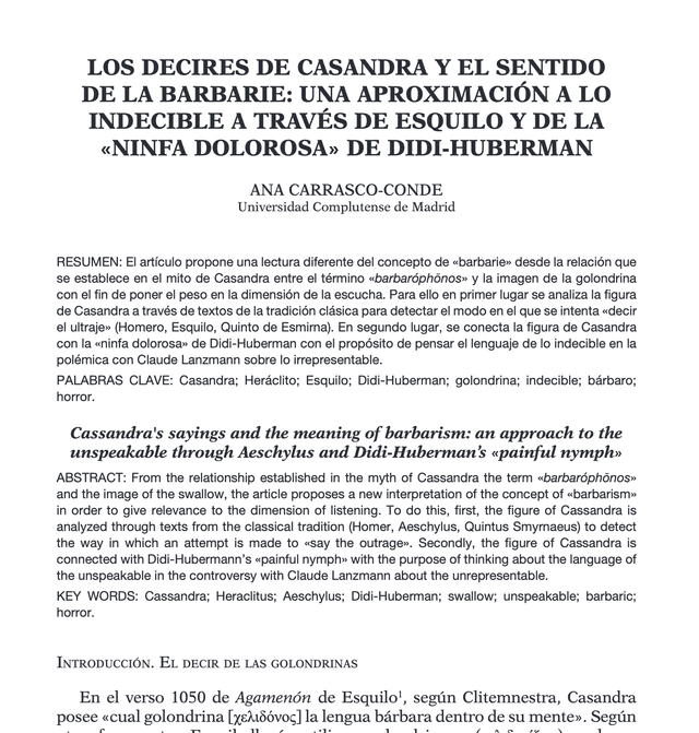 Los decires de Casandra y el sentido de la barbarie: una aproximación a lo indecible a través de Esquilo y de la «ninfa dolorosa» de Didi-Huberman
| Pensamiento. Revista de Investigación e Información Filosófica